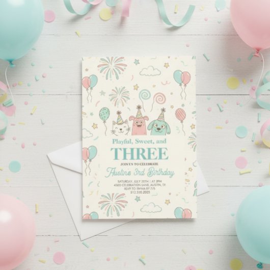 Playful Sweet and Three Kids Birthday Invitation