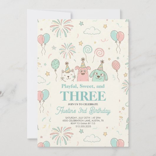 Playful Sweet and Three Kids Birthday Invitation (Voorkant)