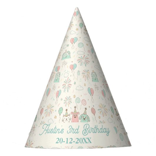 Playful Sweet and Three Kids Birthday Party Hat Feesthoedjes (Voorkant)