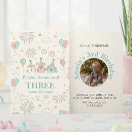 Playful Sweet, Three Kid Photo Birthday Invitation
