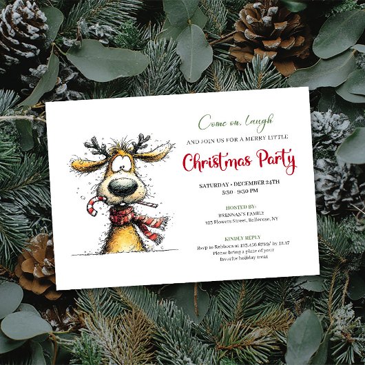 Playful Whimsical Reindeer Holiday Invitation Kaart
