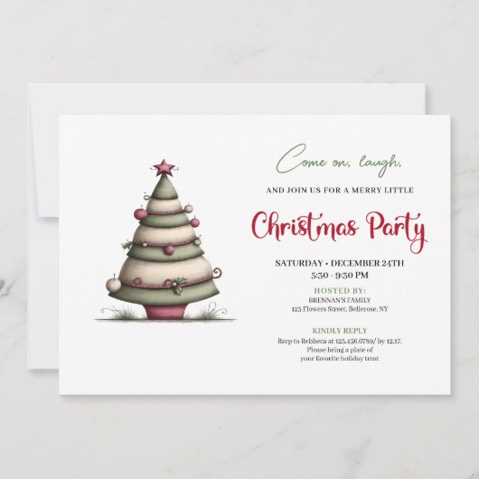 Playful whimsical tree Christmas party invite Kaart (Voorkant)
