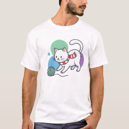 Playful White Cat with Yarn Tee T-shirt