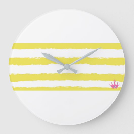 Playful yellow stripes with a crown. Wall clock  Grote Klok (Voorkant)