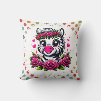 Playful Zebra with Pink Rose Crown Kussen