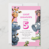 Playful Zoo Animals Pink Party Announcement Kaart (Voorkant)