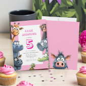 Playful Zoo Animals Pink Party Announcement Kaart
