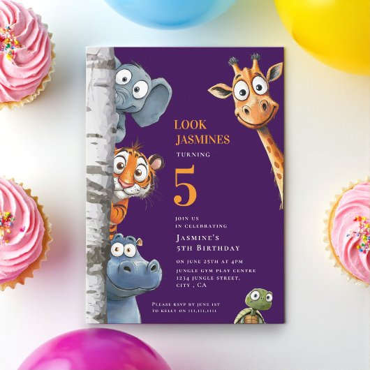 Playful Zoo Animals Pink Party Announcement Kaart