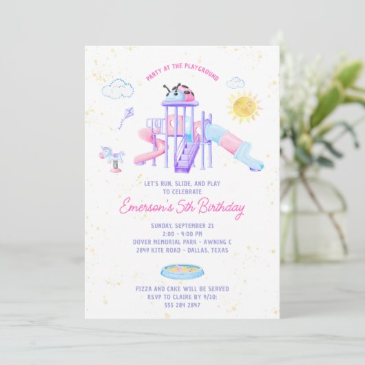 Playground Birthday Party Invitation for Girls Kaart (Staand voorkant)