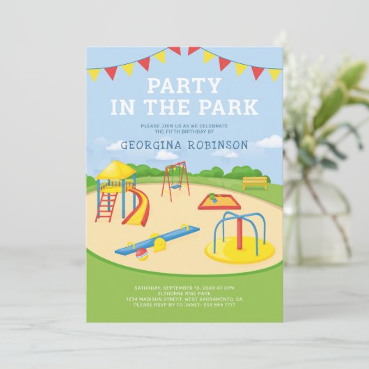 Playground party in Park Kids Birthday Kaart (Staand voorkant)