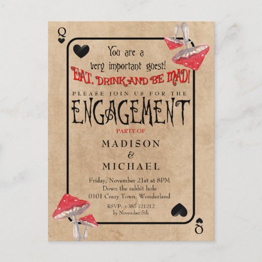 Playing Card Crazy Mushrooms Engagement Party Uitnodiging Briefkaart (Voorkant)