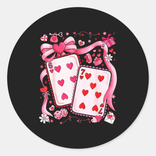 Playing Cards Valentine 67 Coquette Bow Couple Mat Ronde Sticker (Voorkant)