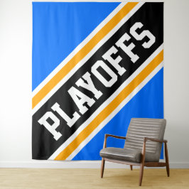 PLAYOFFS Helderblauw Zwart Oranje Strepen Achtergr Wandkleed