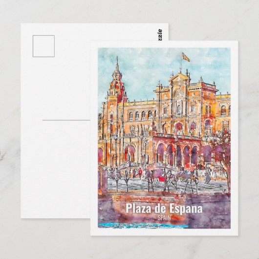 Plaza de Espana Spanje Beroemde Reis Waterverf Briefkaart (Voorkant / Achterkant)
