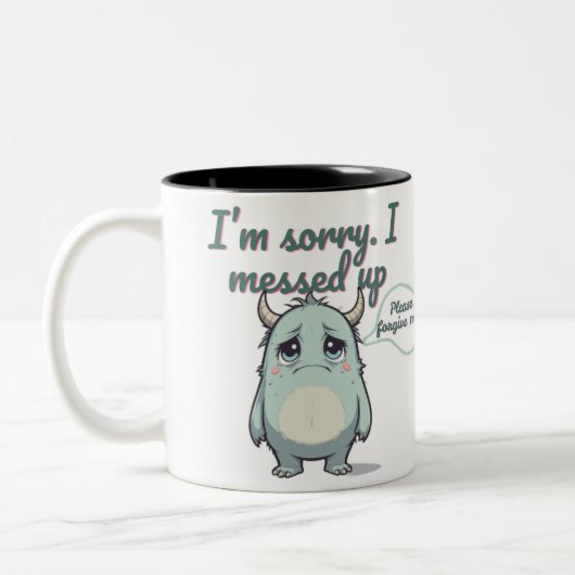 Please Forgive Me – Sad Cute Monster Apology Gift  Tweekleurige Koffiemok (Links)