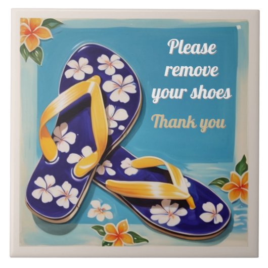 Please Remove Shoes Sign Blue Hawaiian Flip Flops Tegeltje (Voorkant)