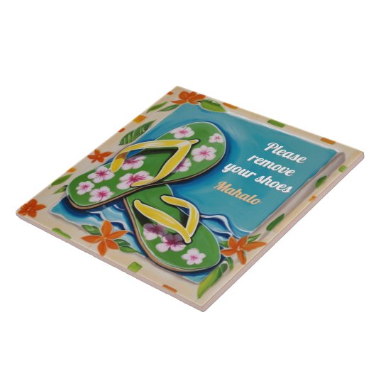Please Remove Shoes Sign Green Hawaiian Flip Flops Tegeltje (Zijkant)