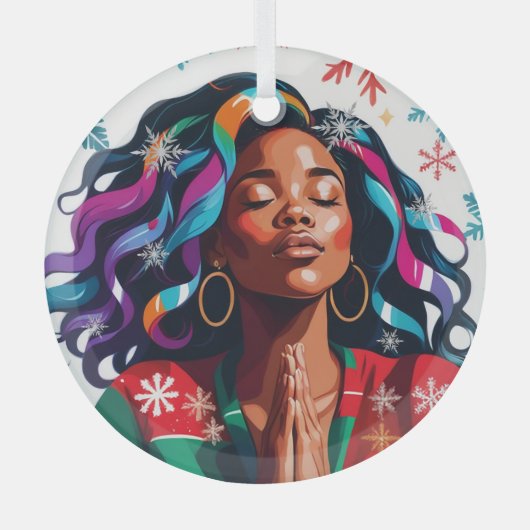 Plechtige en serene kerst zwarte vrouw bidden glas ornament (Voorkant)