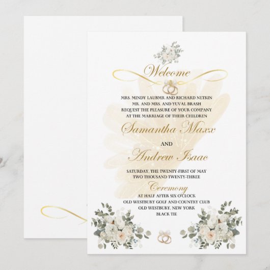 Plechtige uitnodiging voor gouden en bloeiende per (Voorkant / Achterkant)