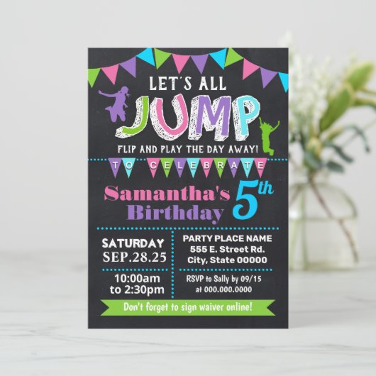 Plechtige verjaardag trampoline chalkboard roze pa kaart (Staand voorkant)