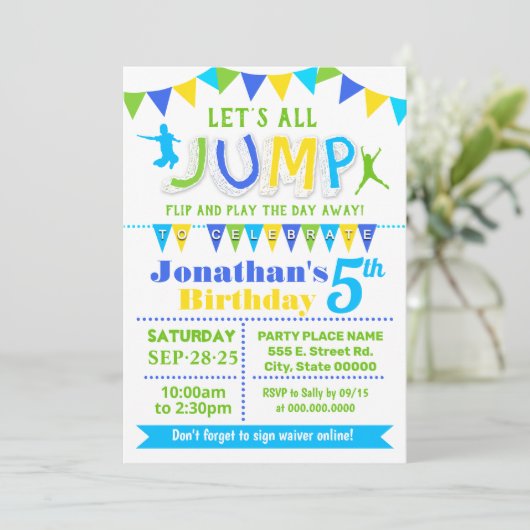 Plechtige verjaardag trampoline springfeest kaart (Staand voorkant)