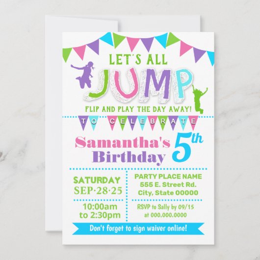 Plechtige verjaardag trampoline springt roze naar  kaart (Voorkant)