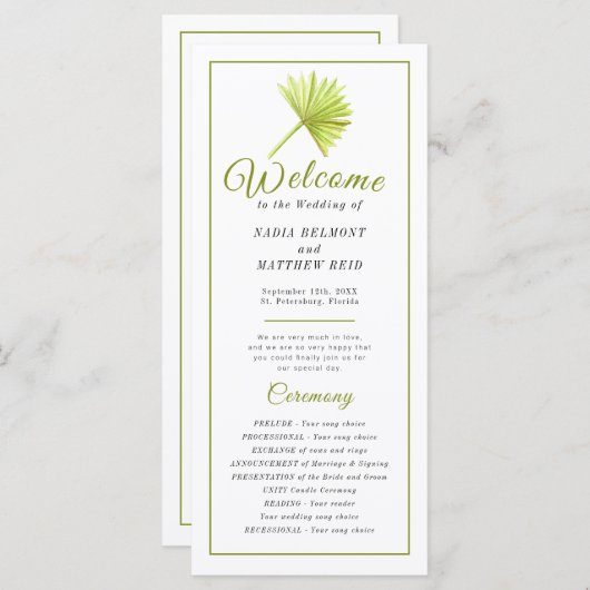 Plechtigheid van de groene waterverf met de palmva programmakaart (Voorkant / Achterkant)