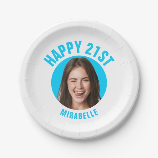 Plezier 21e Verjaardag AANGEPASTE TEKST Foto Blauw Papieren Bordje (Voorkant)