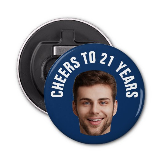 Plezier 21e verjaardag AANGEPASTE TEKST Foto Marin Button Flesopener (Voorkant)