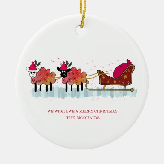 Plezier 2 schapen trekken santas slee keramisch ornament (Voorkant)