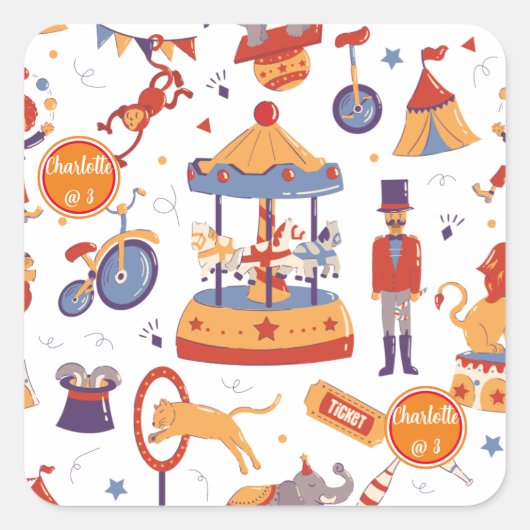 Plezier Carnaval Kinderen Verjaardagscircus Patter Vierkante Sticker (Voorkant)