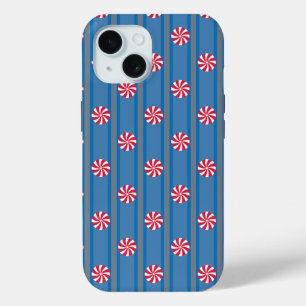 Plezier en Fantasie Blauwe Kerst Peppermunt Snoepg iPhone 15 Case