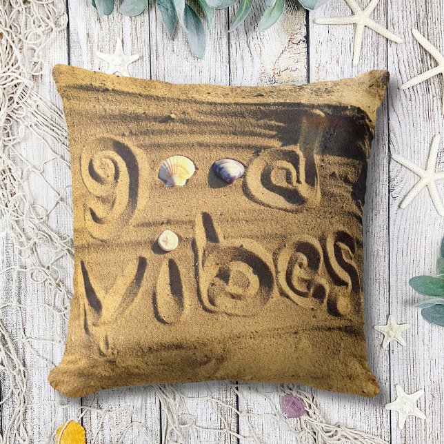 Plezier Goede Vibes Quote Strand Zand Shells Foto  Kussen (Creator heeft geüpload)