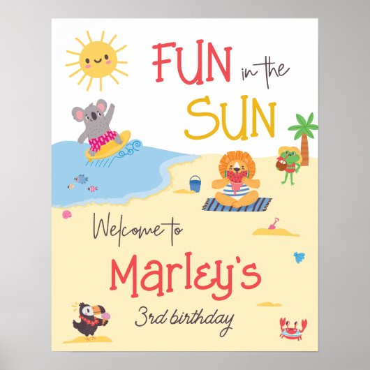 Plezier in de Sun Beach Animals Verjaardag Welkom Poster (Voorkant)
