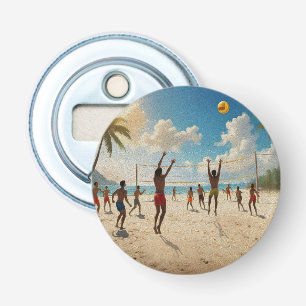 Plezier in de Sun Beach Volleybal olieverf, Button Flesopener