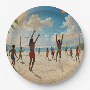 Plezier in de Sun Beach Volleybal olieverf, Papieren Bordje