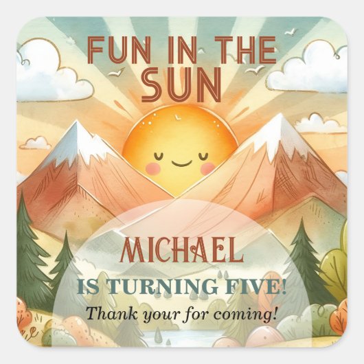 Plezier in de zon Kids Verjaardagsfeestje Vierkante Sticker (Voorkant)