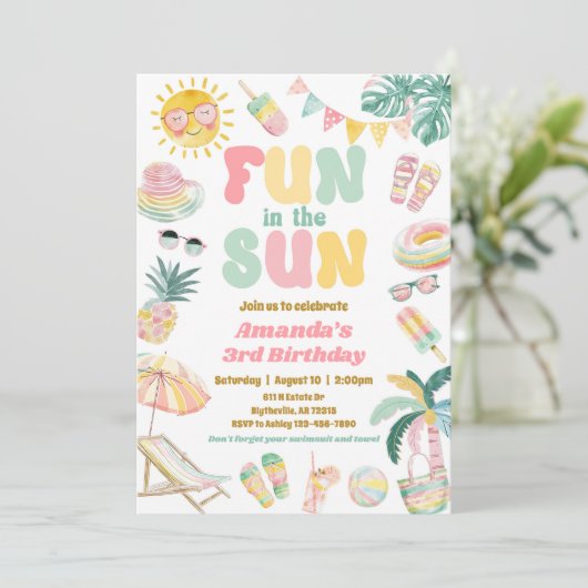 Plezier in de zon zwembad party uitnodiging (Staand voorkant)