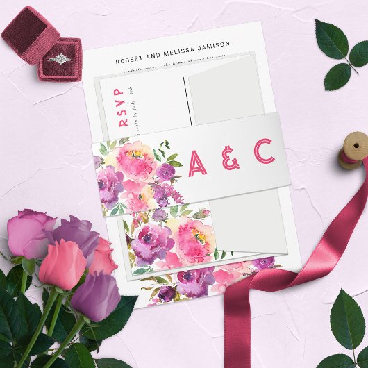 Plezier Kleurrijk Paars Fuchsia Bloemmotief Uitnodigingen Wikkel