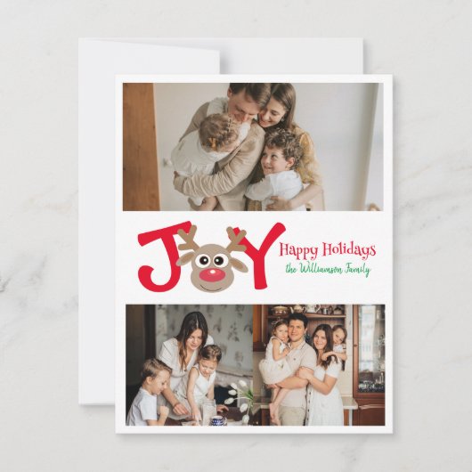 PLEZIER Leuk Cute 3 Foto Cartoon Rendier Wit Feestdagenkaart (Voorkant)