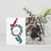 Plezier met foto en kerstkrans op blauw feestdagenkaart (Staand voorkant)