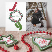 Plezier met foto en kerstkrans op groen feestdagenkaart