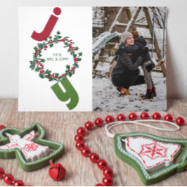 Plezier met foto en kerstkrans op groen feestdagenkaart