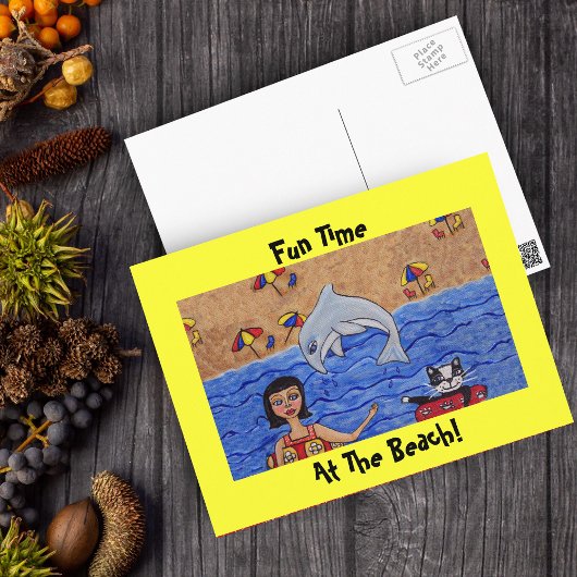 Plezier op het strand met mijn kat Briefkaart