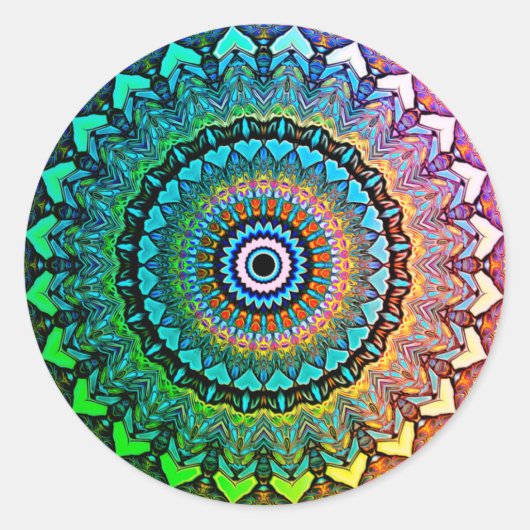 Plezier Regenboog en harten Mandala Ronde Sticker (Voorkant)