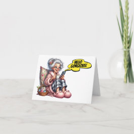 Plezier Senior met koffie en mobiele telefoon Notitiekaartje