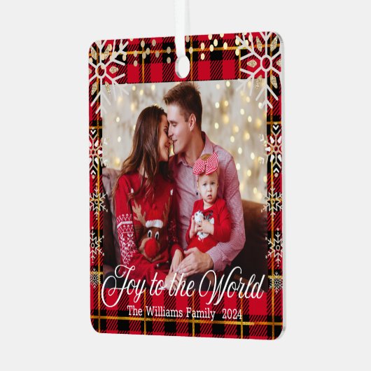 Plezier voor de wereld, gouden sneeuwvlokken rode  metalen ornament (Voorkant links)