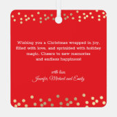 Plezier voor de wereld, gouden sneeuwvlokken rode  metalen ornament (Achterkant)