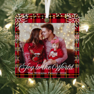 Plezier voor de wereld, gouden sneeuwvlokken rode  metalen ornament