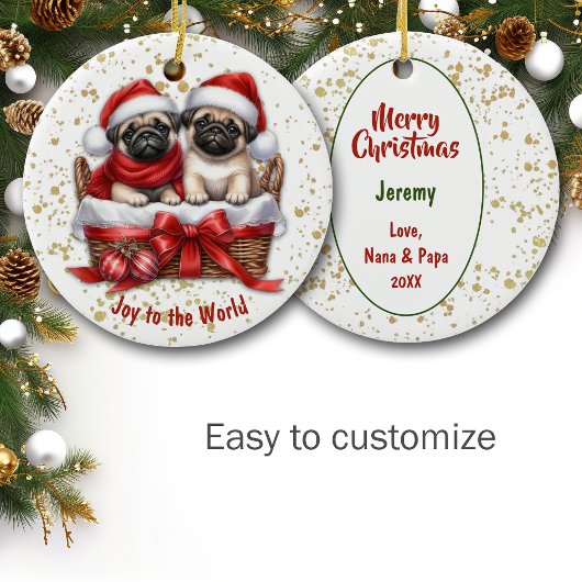 Plezier voor de Wereld Pug Puppies in Basket Keramisch Ornament